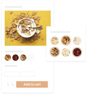 An online shop showcasing a bowl of cereal, with various ingredient options displayed below the image. There is an "Add to cart" button at the bottom of the page, and a pop-out window on the right showing additional ingredient choices.